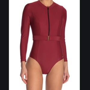 Nicole Miller S belted front long sleeve swimsuit